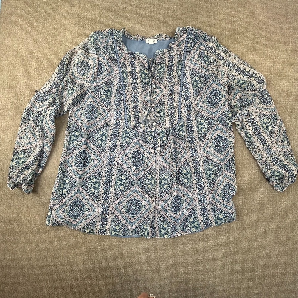 Westport Blouse Top Womens 1X Multi Medallion Print Tassel Tie Neck Puff Sleeve